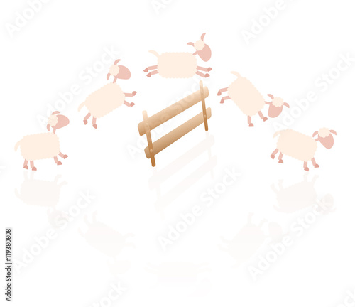 Counting sheep - comic illustration of sheep jumping over a wooden fence.