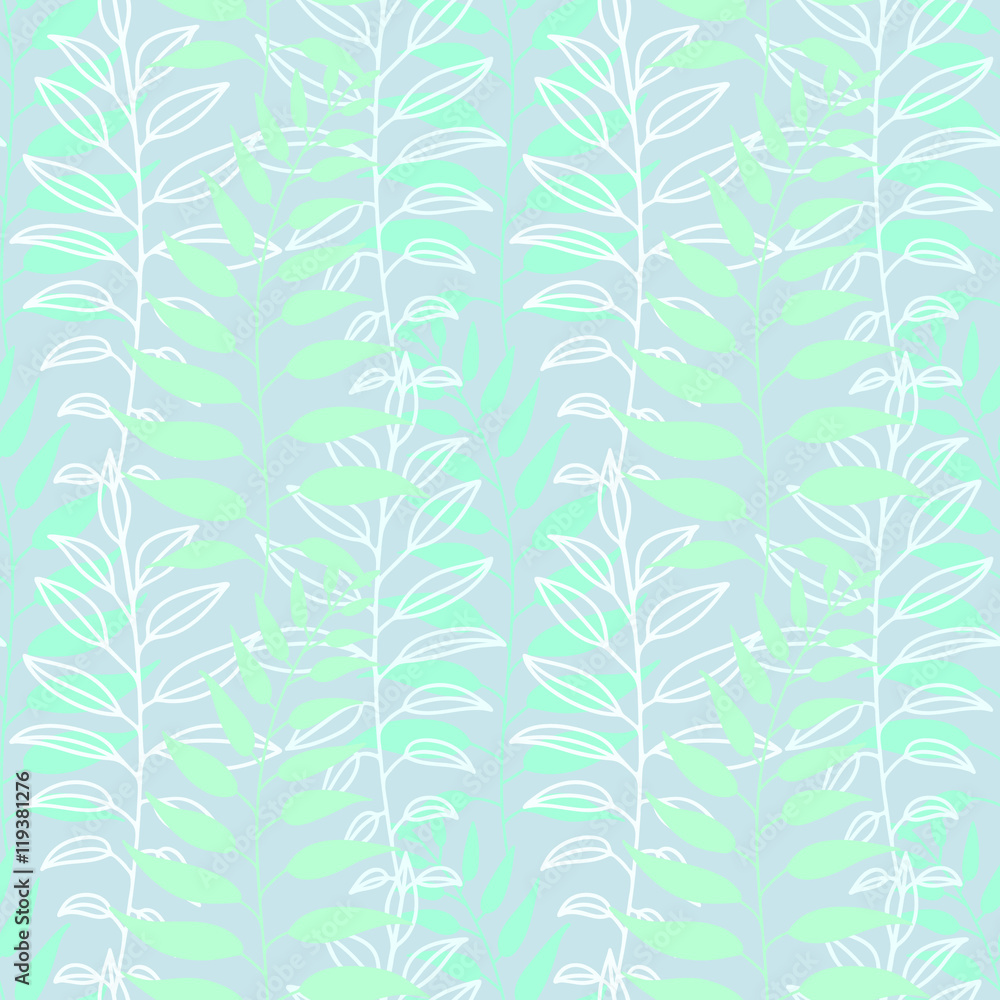 Background with leaves. Vector texture with hand drawn leaves and plants. Vector pattern. Stylised flat different kind of leaves, natural background.
