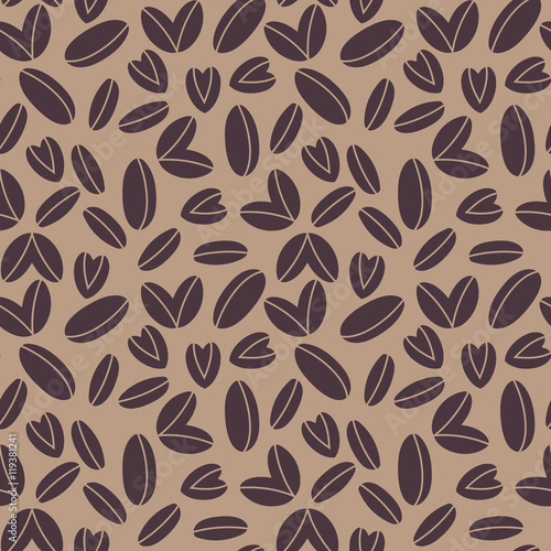 seamless pattern with coffee beans, vector background with flat various sizes of coffee beans and beans in heart shape, texture for coffee lovers