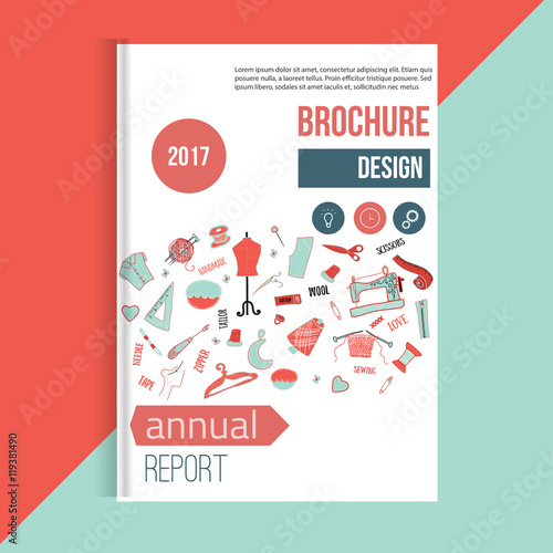 Sewing brochure doodle illustration. handicraft set with needle,  machine,  pin, yarn.