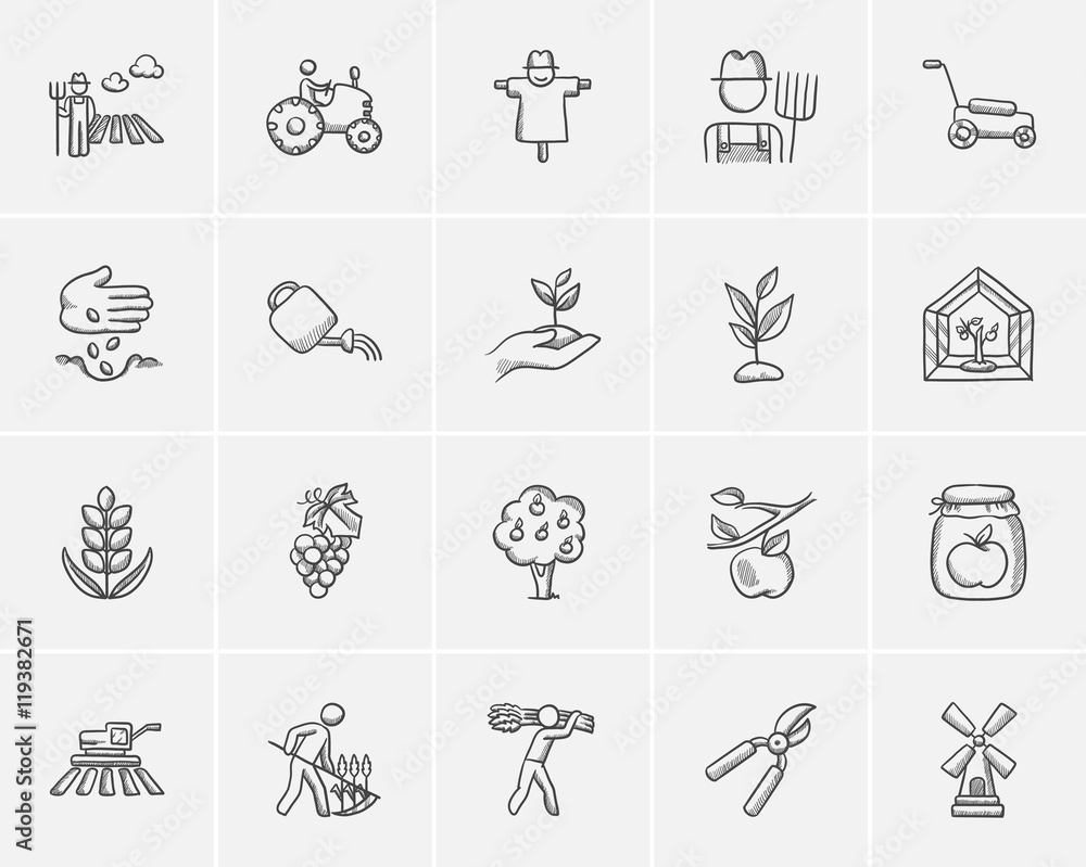 Fototapeta premium Agriculture sketch icon set.