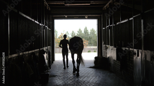 Fotografie, Obraz Young jockey is walking with a horse out of a stable. Man leadin