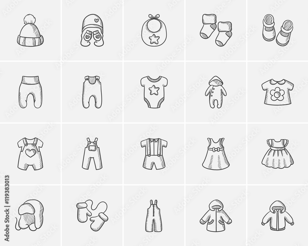 Baby clothes sketch icon set. Baby clothes sketch icon set.