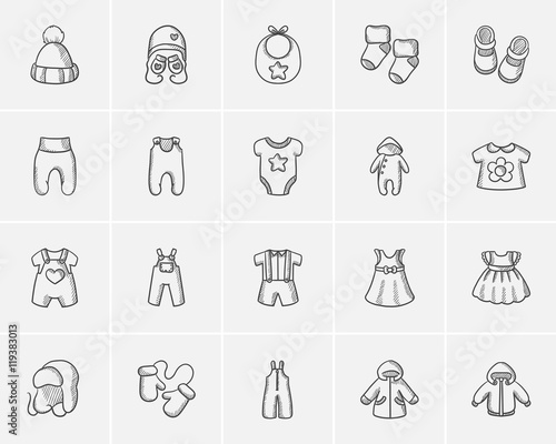 Baby clothes sketch icon set.