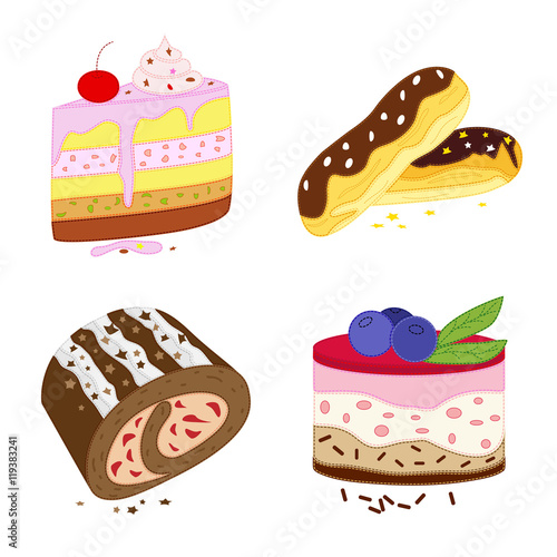 Cake with cherries and cream. Chocolate roll. Cake with jelly and blueberries. Eclairs. A collection of desserts vector. Set with desserts