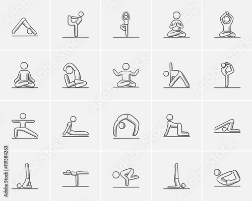 Yoga sketch icon set.