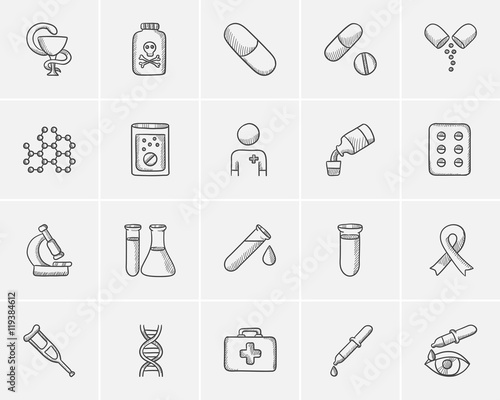 Medicine sketch icon set.