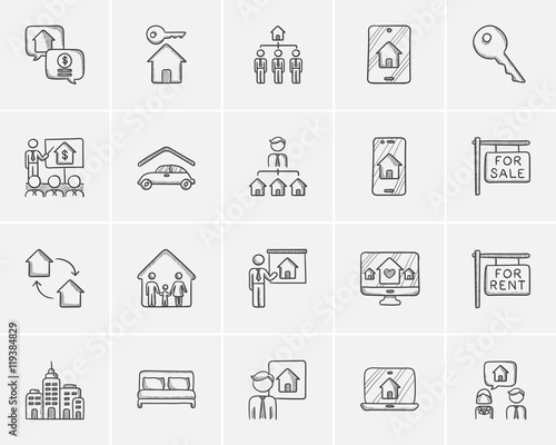 Real estate sketch icon set.