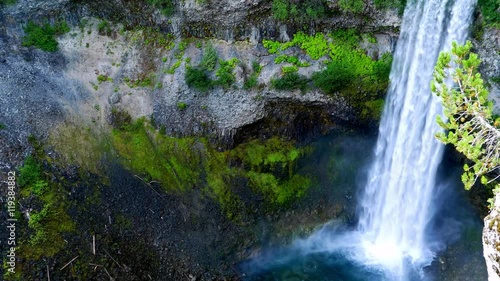 4K Natural Mountain Waterfall, Moss Rock Face, Top Down View