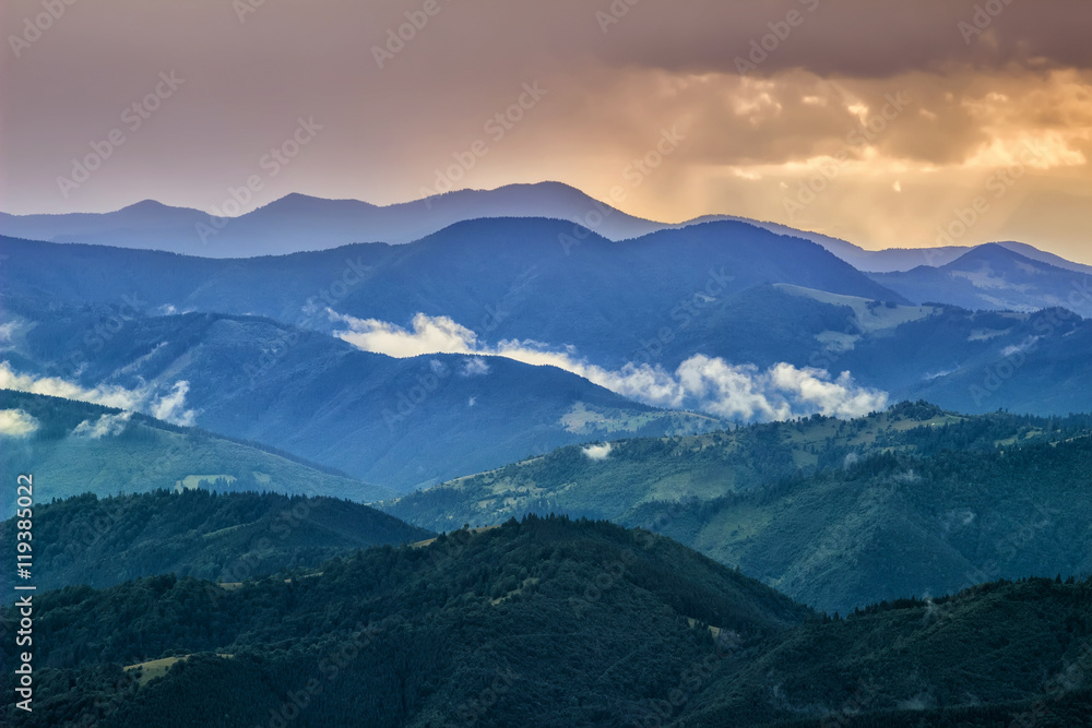 Picturesque Carpathian mountains landscape, view of the mountain ridges, Ukraine.
