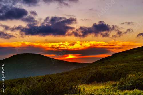 Picturesque sunrise, morning dawn in Carpathian mountains, Ukraine.