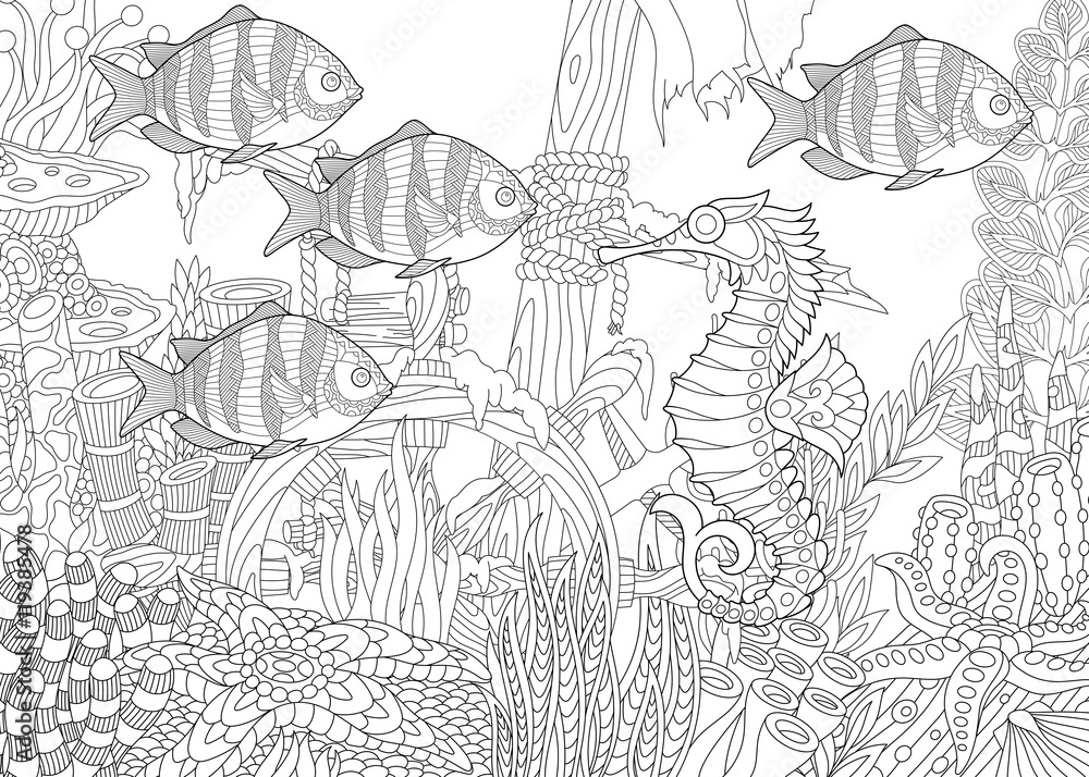 Stylized composition of tropical fish, seahorse, underwater seaweed ...