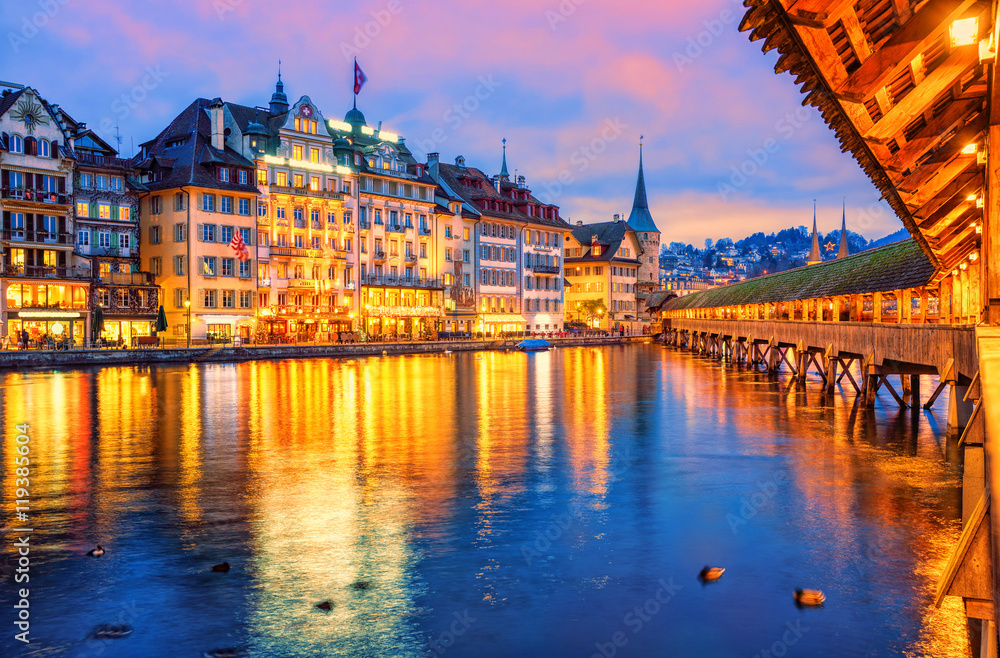Lucerne, Switzerland, view of the old town from wooden Chapel br