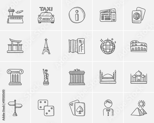 Travel and holiday sketch icon set.