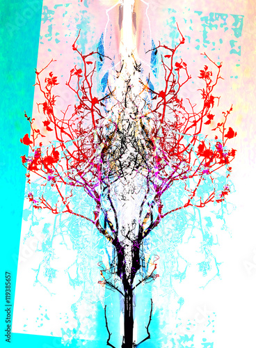 Ornamenal tree on colorful background, computter collage. photo