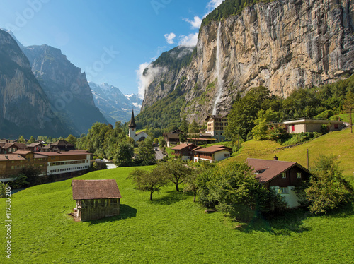 The beautiful landscape of the town Lauterbrunnen in the canyon