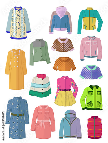Autumn jackets and raincoats in flat design