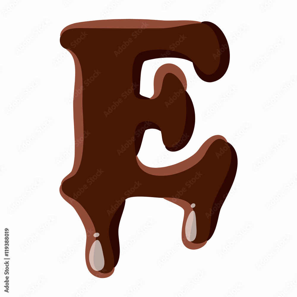 Letter E from latin alphabet with numbers and symbols made of dark melted chocolate Letter E from latin alphabet with numbers and symbols made of dark melted chocolate