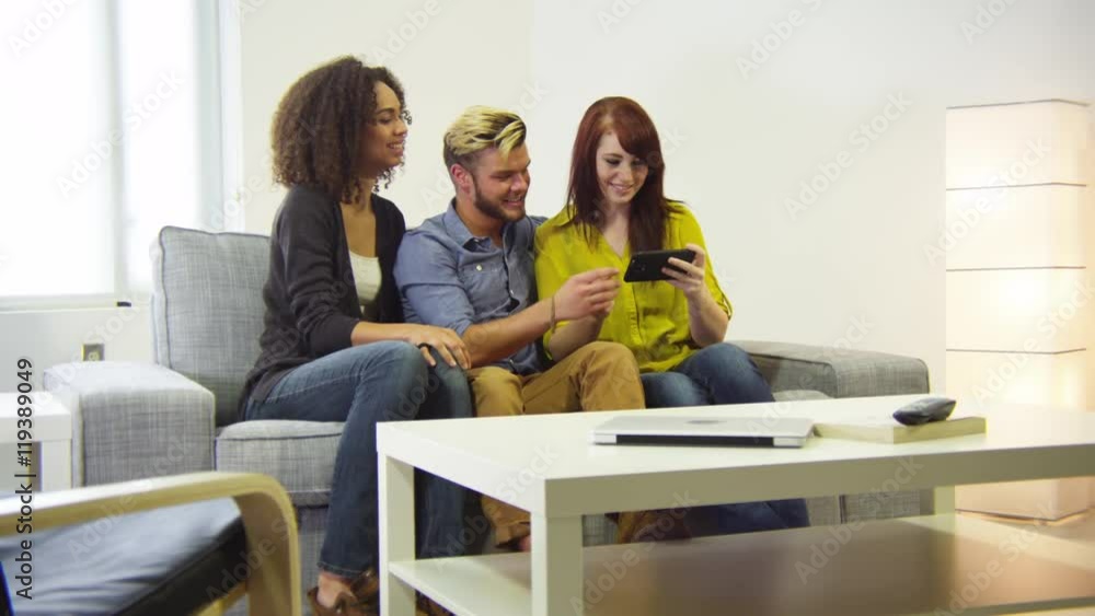 Friends hanging out in living room and taking a selfie Friends hanging out in living room and taking a selfie