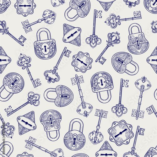 Seamless pattern with hand drawn locks and keys. Ball pen imitation vector