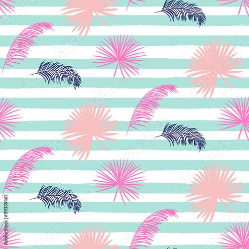 Fototapeta Pink banana palm leaves seamless vector pattern on striped blue background