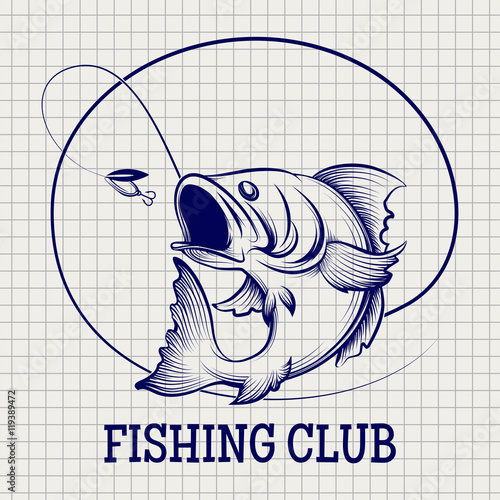 Hand drawn fishing club logo. Ball pen sketch imitation vector