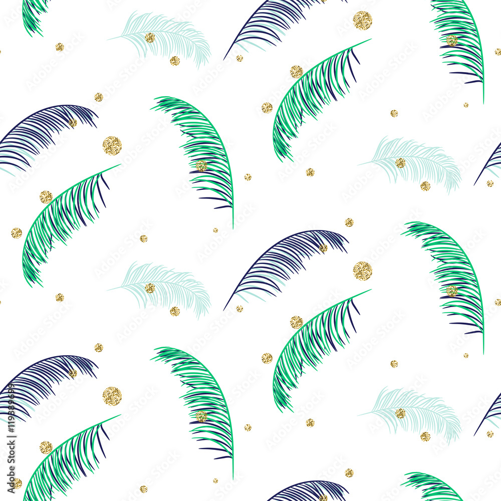 Blue and green palm leaves seamless vector pattern on white background