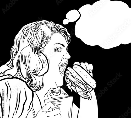fat woman eats a hamburger coloring book with bubble