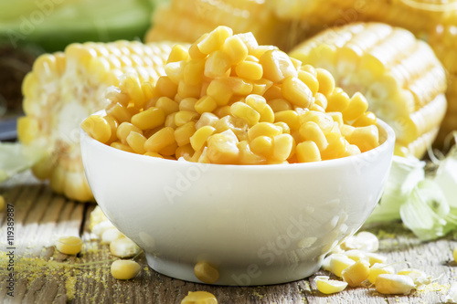 Boiled corn, maize cobs, selective focus