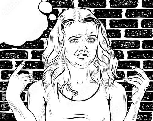Girl with a long hair disgusted face and arms up