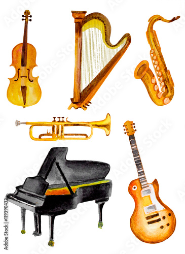 set of hand painted watercolor musical instruments