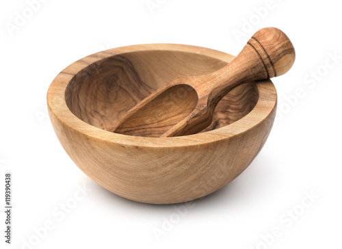 Empty wooden bowl and scoop
