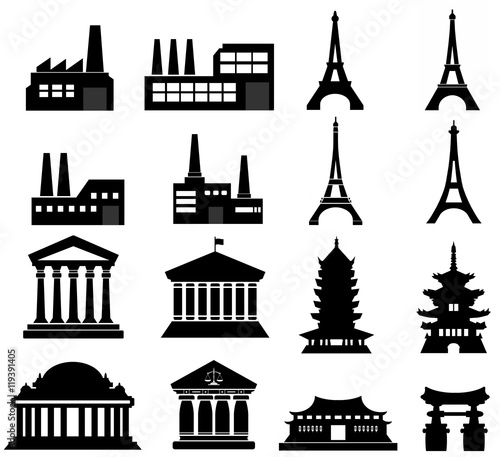 Usine, Tour Eiffel et temple en 16 icônes