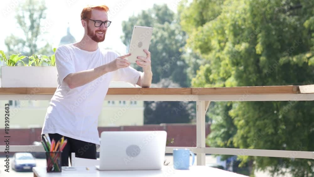Video Conference on Tablet, Chat, Standing in Balcony Outdoor Video Conference on Tablet, Chat, Standing in Balcony Outdoor