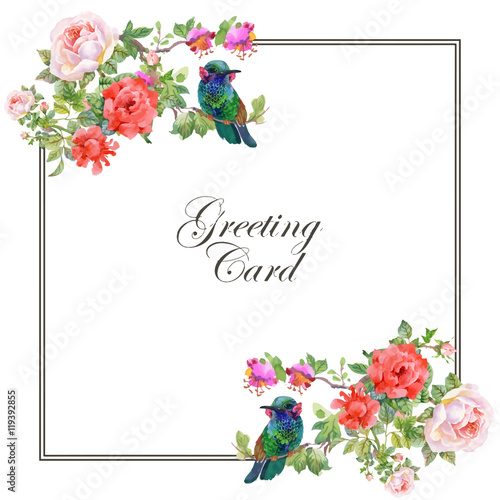 Wedding or birthday card. Floral frame. Watercolor background with flowers