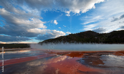 The Grand Prismatic Spring at sunset in the Midway Geyser Basin along the Firehole River in Yellowstone National Park in Wyoming US
