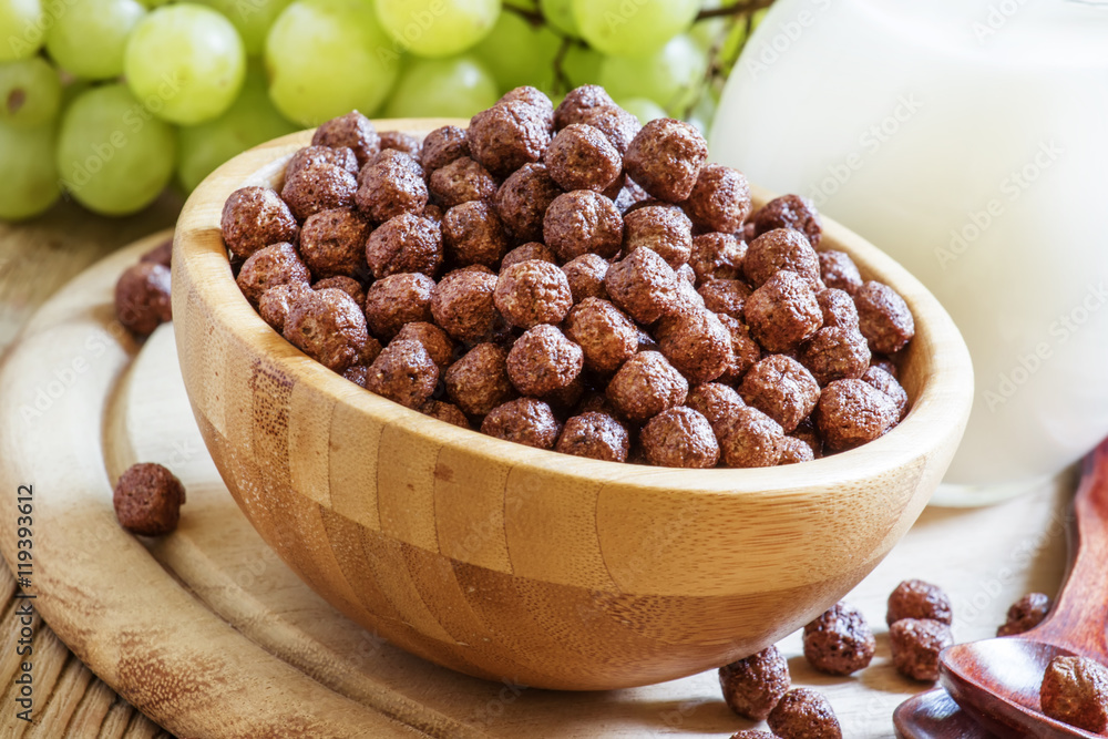 Breakfast: chocolate balls, fresh cows milk, grapes and peaches, Breakfast: chocolate balls, fresh cows milk, grapes and peaches,