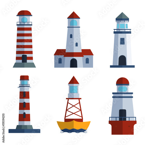 Vector set of cartoon flat lighthouses. Searchlight towers for maritime navigation guidance. Ocean beacon light vector tower lighthouse. Travel lighthouse water sailing signal navigation symbol.