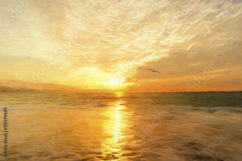 Fototapeta Naklejka Na Ścianę i Meble -  Ocean Sunset Freedom Bird