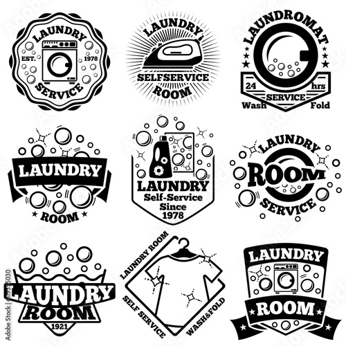 Set of Vector Laundry badges. With bubbles, laundromat, detergent