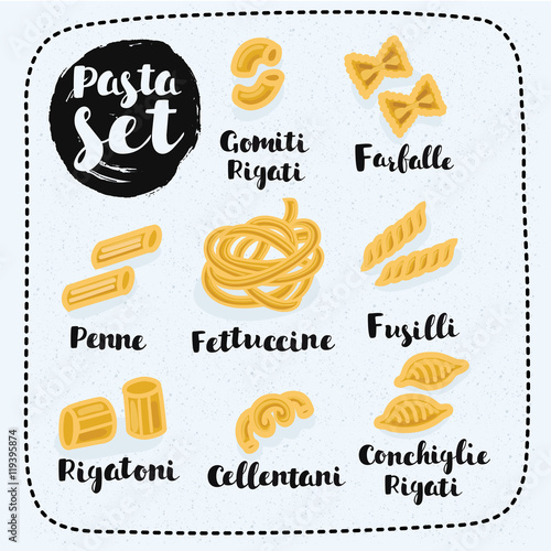 Different kinds of pasta shapes and hand drawn names of them