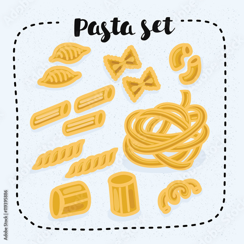 Set of pasta shapes, macaroni, Celentani, Chifferi, Fusilli, Shells, Rotelle. Vector illustration
