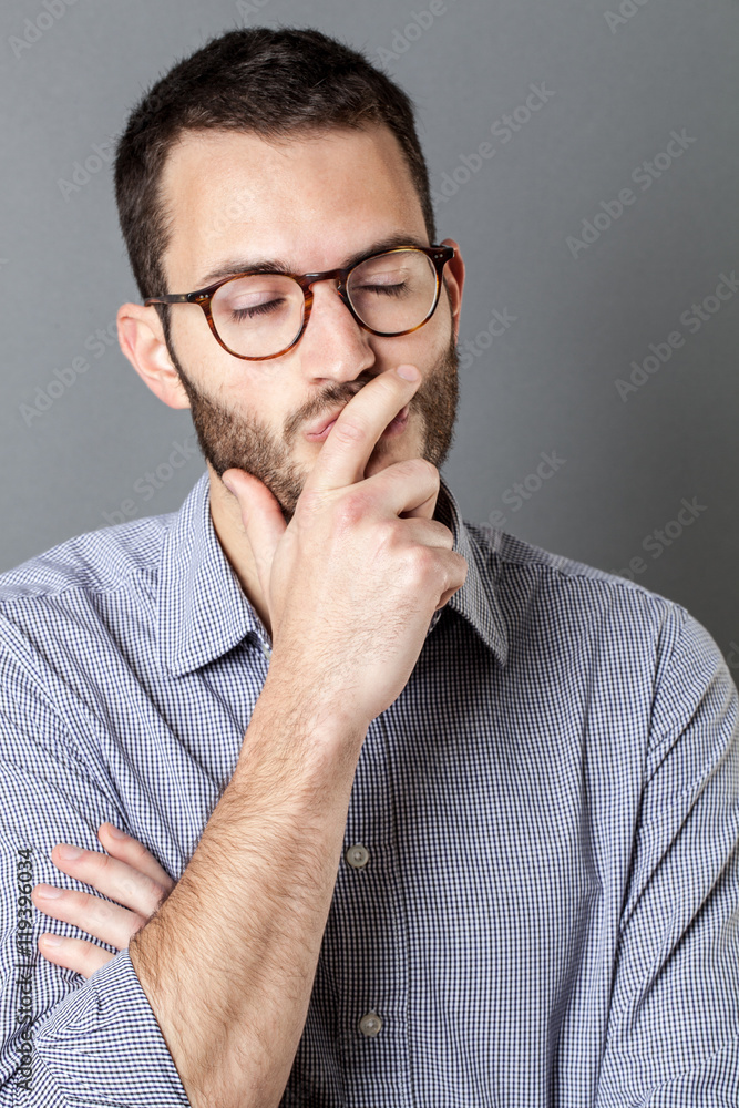 daydreaming 30s bearded man closing his eyes thinking and relaxing daydreaming 30s bearded man closing his eyes thinking and relaxing