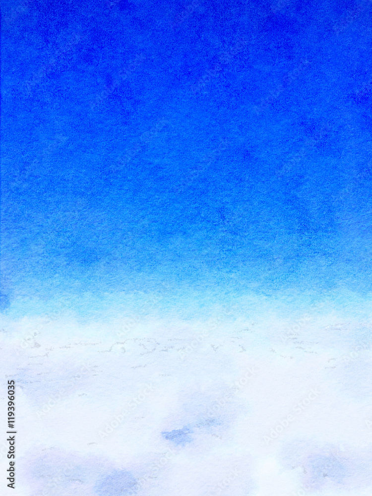 Digital watercolor painting background of white clouds in the blue sky with space for text.