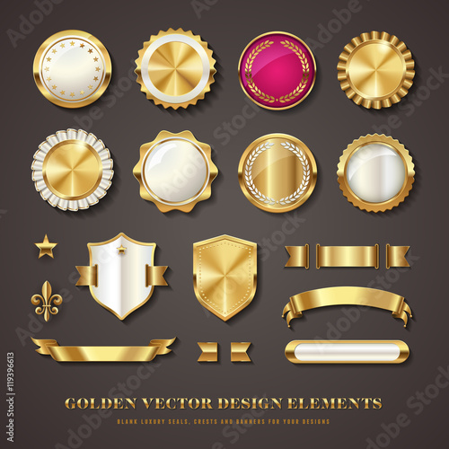 golden vector design elements - blank seals, medals, banners, badges, ribbons, crests/shields, scrolls and icons with transparent shadows
