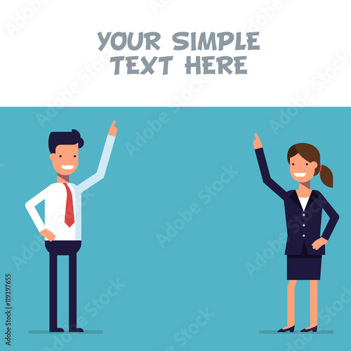 Businessman or manager shows at the poster where you can place your text. Man and woman cartoon character in business suit. Flat style.