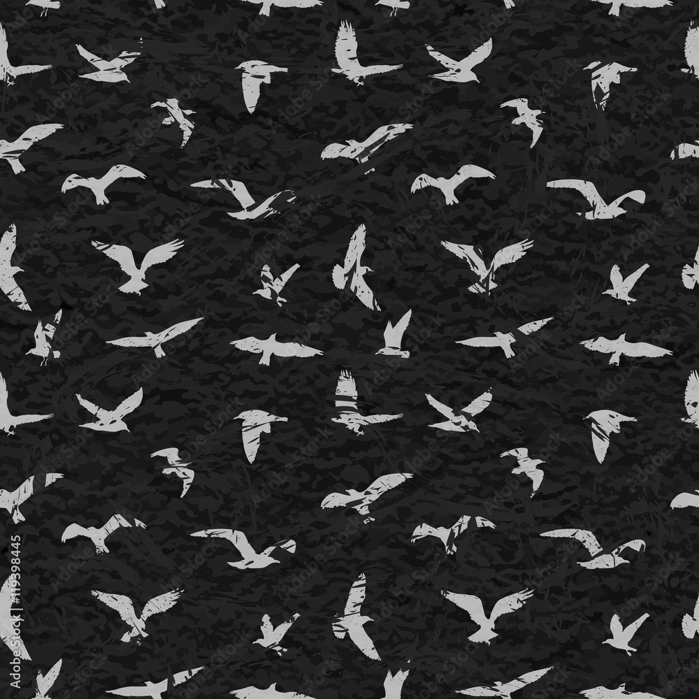 Grunge seamless pattern of flying birds black background. Vector illustration Grunge seamless pattern of flying birds black background. Vector illustration