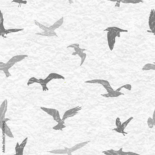 Grunge seamless pattern of flying birds white background. Vector illustration