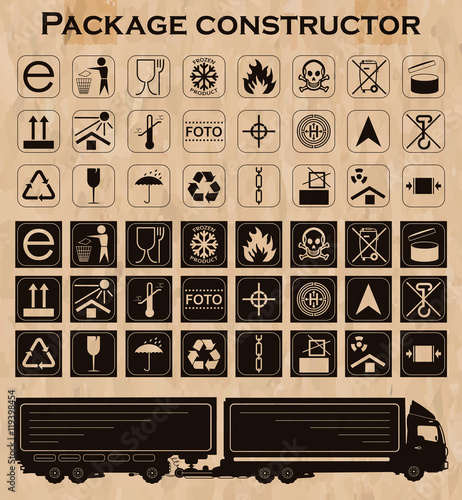 Vector package constructor. Packaging symbols.  Icon set including waste recycling, fragile, flammable, this side up, handle with care, keep dry and others. Vector illustration