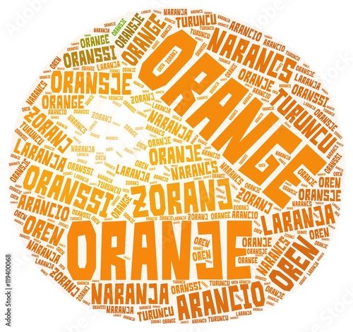 Orange fruit word cloud made of word orange translated to multiple languages.